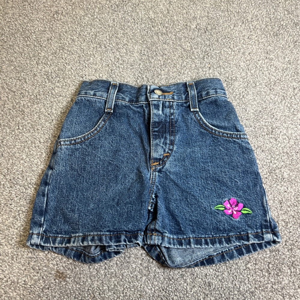 vtg y2k LEI Denim Shorts Kids 6X Blue Embroidered Flower High Waisted USA